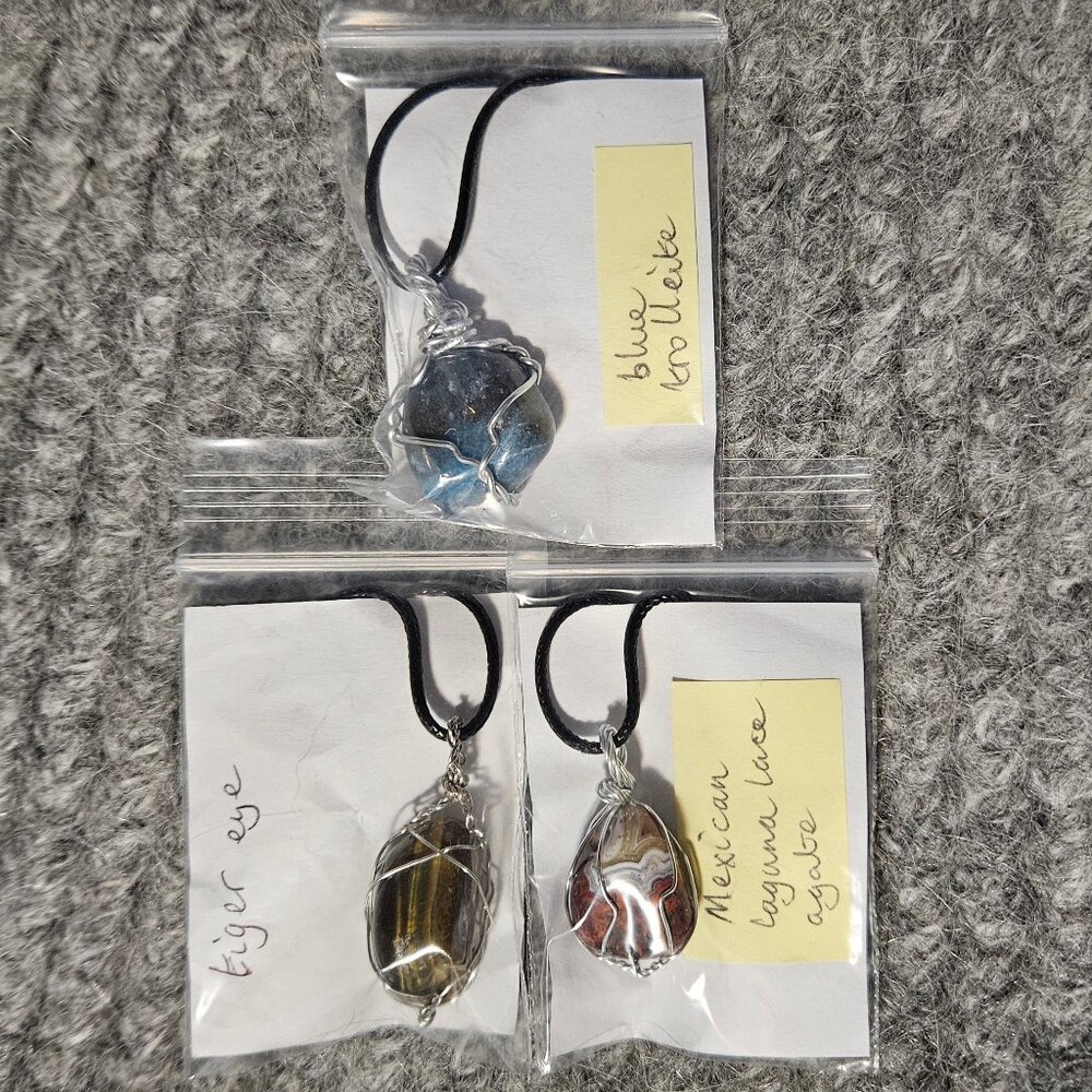 3 wire wrapped gemstone/crystal pendants, 3 different stones, 18 inch cords, new